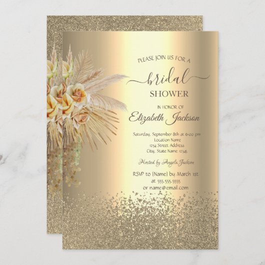 Invitation Elégant Diamants Or Boho Fête des mariées Fleurs (Devant / Derrière)