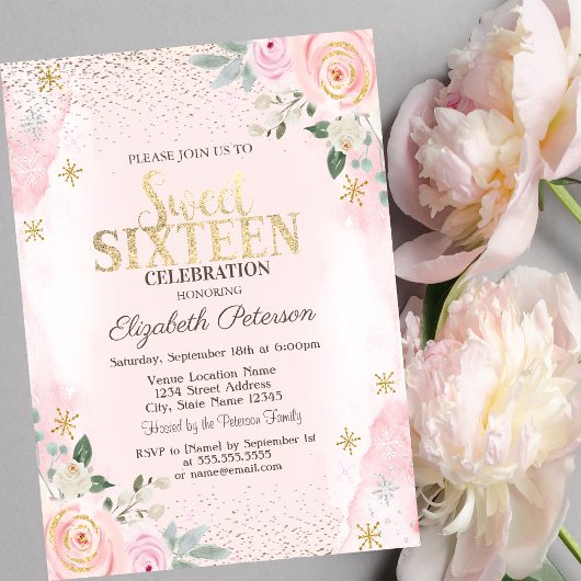Invitation Élégant Diamants Or Moderne Snowflakes Sweet 16