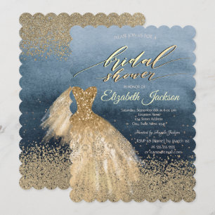 Invitation Élégant Diamants Or Robe Bleue Mariage