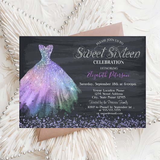Invitation Élégant Diamants Robe Black Sweet 16 Pouces