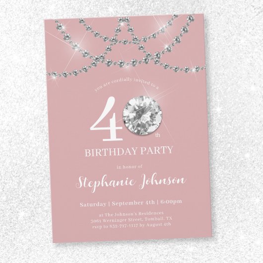 Invitation Elégant Diamants Rose Bleu 40e anniversaire