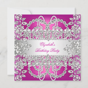 Invitation Elégant Diamants Roses Silver Floral fête d'annive