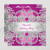 Invitation Elégant Diamants Roses Silver Floral fête d'annive (Devant / Derrière)
