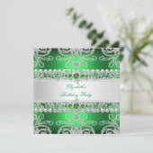 Invitation Elégant Diamants verts Argent Floral Anniversaire (Debout devant)