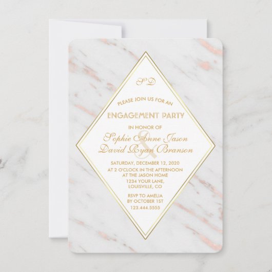 Invitation Élégant Diamond Rose Gold Marble Party (Devant)