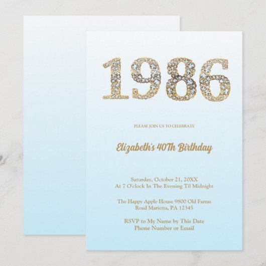 Invitation Elegant Diamond Year 1986 40th Birthday Party (Devant / Derrière)