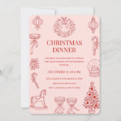 Invitation Élégant dîner de Noël rouge sur rose pâle (Devant)