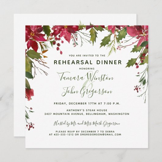Invitation Élégant dîner de réhésion de Noël Rouge Poinsettia (Devant / Derrière)