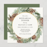 Invitation Élégant Dîner de répétition À feuillage persistant<br><div class="desc">L'élégante invitation à la répétition mariage sur le thème de l'hiver présente un cadre doré entouré d'aquarelle à feuillage persistant et de pinecones. Personnalisez avec vos informations ou cliquez sur "Cliquez pour customiser plus loin" pour modifier les styles,  la taille et les couleurs des polices.</div>