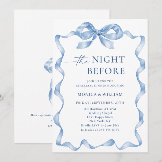 Invitation Élégant Dîner De Répétition De Bow Bleu Dusty (Devant / Derrière)