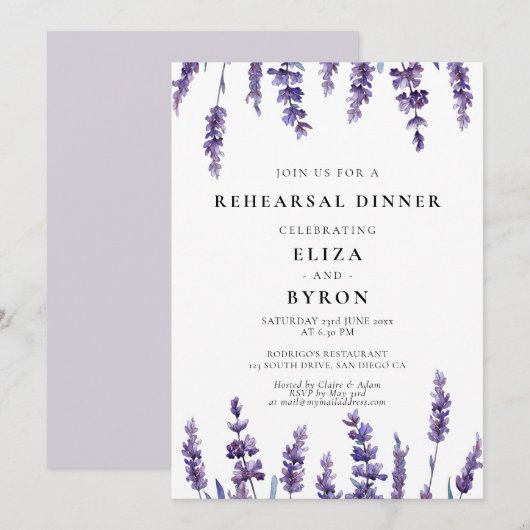 Invitation Élégant dîner de répétition de lavande florale (Devant / Derrière)