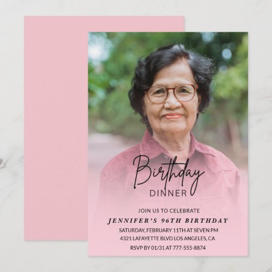 Invitation Élégant dîner d'ombre rose Photo 96e anniversaire (Devant / Derrière)
