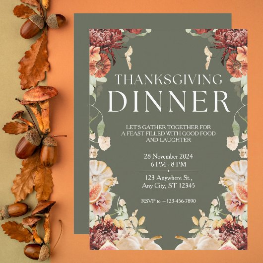 Invitation Élégant Dîner Floral Vert Thanksgiving