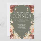 Invitation Élégant Dîner Floral Vert Thanksgiving (Devant)
