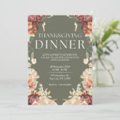 Invitation Élégant Dîner Floral Vert Thanksgiving (Debout devant)