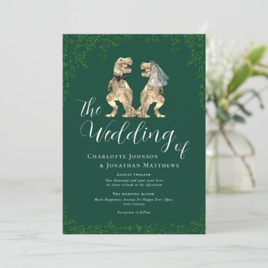 Invitation Elegant Dinosaur Green Wedding QR Code (Debout devant)