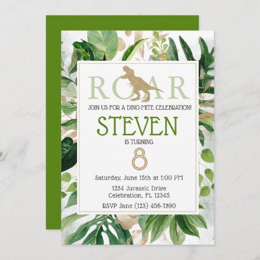 Invitation Elégant Dinosaure Vert et Or Anniversaire (Devant / Derrière)