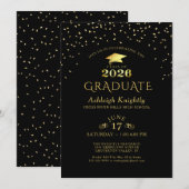 Invitation Élégant diplômé 2025 Black Gold Confetti (Devant / Derrière)