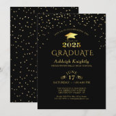 Invitation Élégant diplômé 2025 Black Gold Confetti (Devant / Derrière)