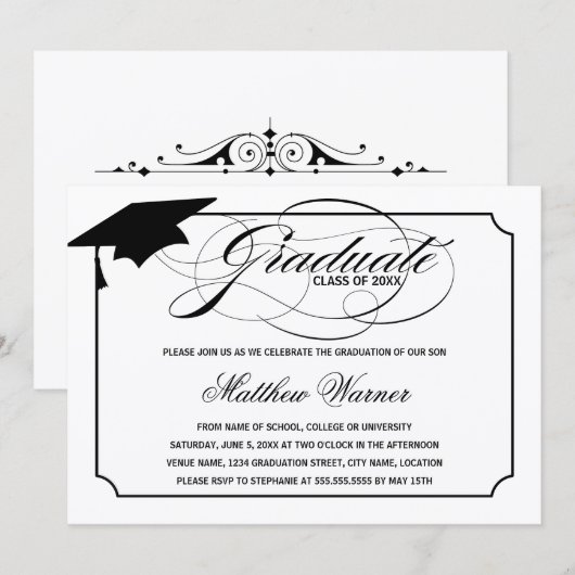 Invitation Élégant diplômé de script (Devant / Derrière)