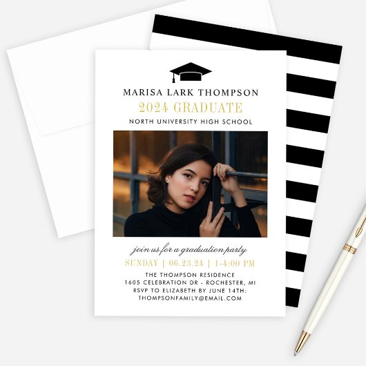 Invitation Élégant Diplômé noir et or Photo Graduate