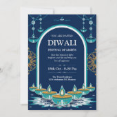 Invitation Élégant Diwali bleu et or Festival des lumières (Devant)
