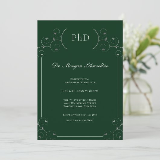 Invitation Élégant doctorat Silver Green Graduation Party (Debout devant)