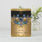 Invitation Elégant doré bleu oiseau noir 70e anniversaire (Debout devant)