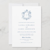 Invitation Élégant dos rayé à blason floral bleu mariage (Devant)