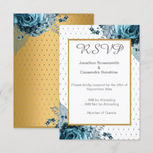 INVITATION ÉLÉGANT DOUBLESSÉ FLORAL TURQUOISE OR RSVP