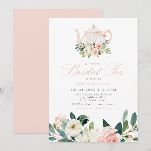 Invitation Elégant & Doux Blush Rose Floral Thé nuptial (Devant / Derrière)