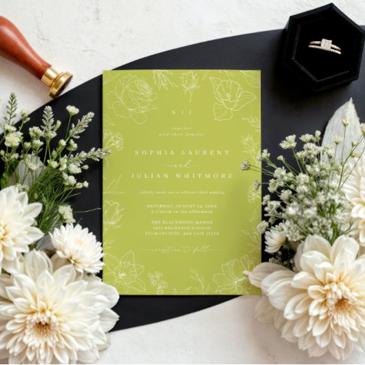 Invitation Elegant Drawn Floral Citrus Green Garden Wedding