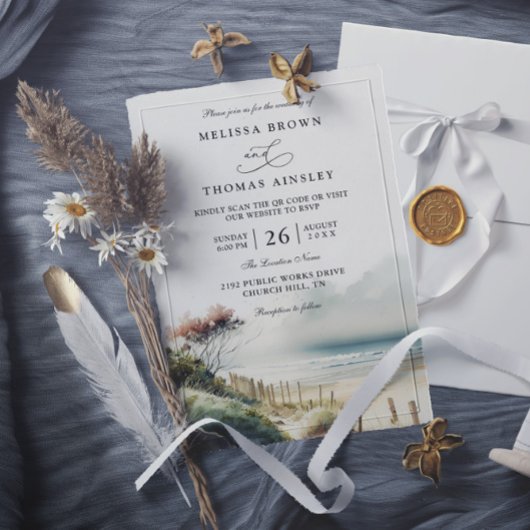 Invitation Elegant Dusky Coastal Sand Beach QR Code Wedding