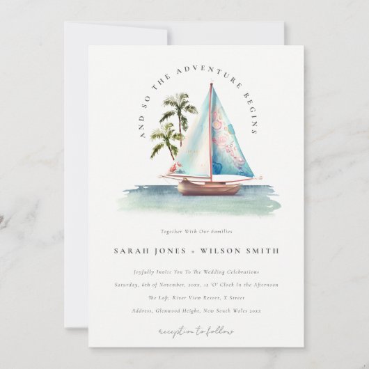 Invitation Elégant Dusky Turquoise Sailboat Palm Mariage mari (Devant)