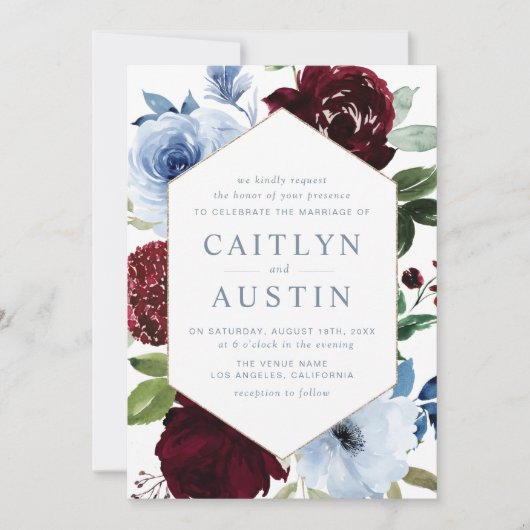 Invitation Elégant Dusty bleu bordeaux fleurs mariage (Devant)