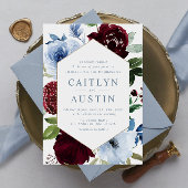 Invitation Elégant Dusty bleu bordeaux fleurs mariage