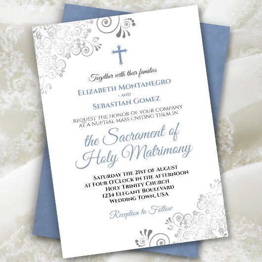 Invitation Elégant Dusty Bleu & Gris Mariage catholique moder