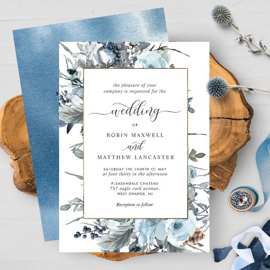 Invitation Elégant Dusty Bleu, Marine et Blanc Mariage Floral