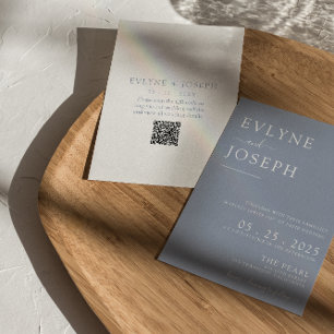 Invitation Elégant Dusty bleu minimaliste QR Code Boho Mariag