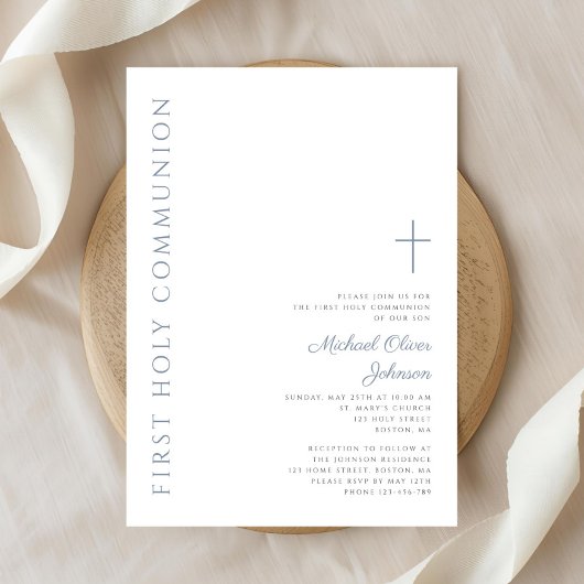 Invitation Élégant Dusty Bleu Script Première Sainte Communio