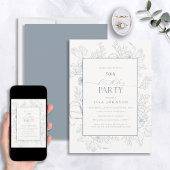 Invitation Elégant Dusty Blue 50e Anniversaire Floral Line Ar