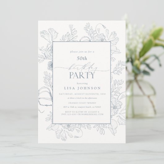 Invitation Elégant Dusty Blue 50e Anniversaire Floral Line Ar (Debout devant)