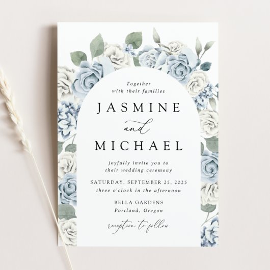 Invitation Elegant Dusty Blue Arch Floral Frame Wedding
