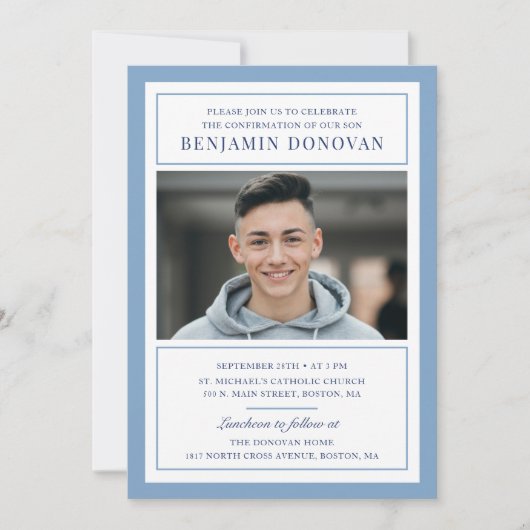 Invitation Elégant Dusty Blue avec confirmation photo (Devant)