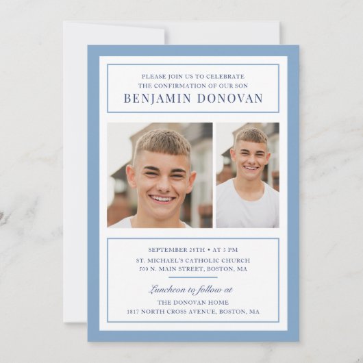 Invitation Elégant Dusty Blue avec confirmation photo (Devant)