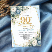 Invitation Elegant dusty blue blooms 90th birthday invite