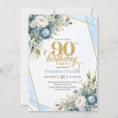 Invitation Elegant dusty blue blooms 90th birthday invite (Devant)