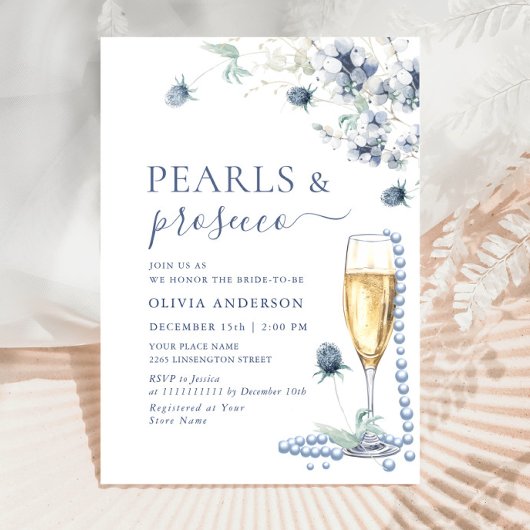 Invitation Elégant Dusty Blue Boho Winter PEARLS & Prosecco