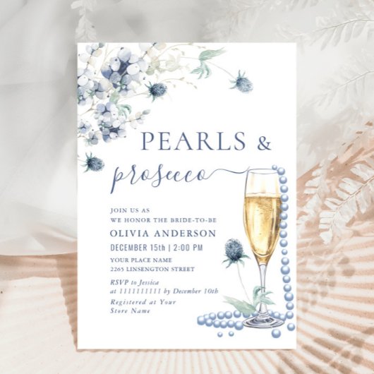 Invitation Elégant Dusty Blue Boho Winter PEARLS & Prosecco
