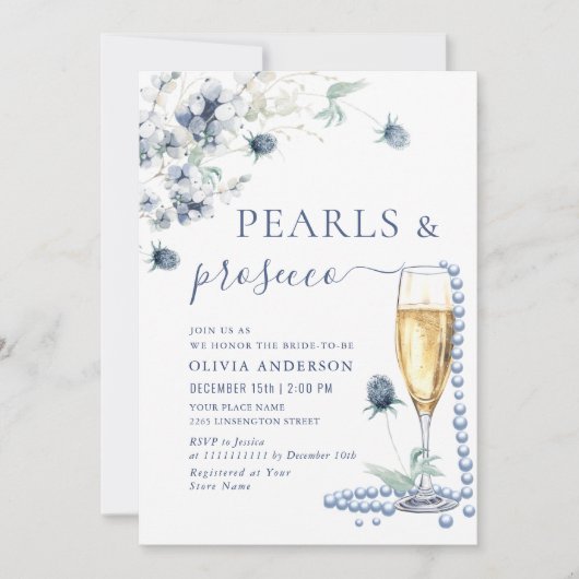 Invitation Elégant Dusty Blue Boho Winter PEARLS & Prosecco (Devant)